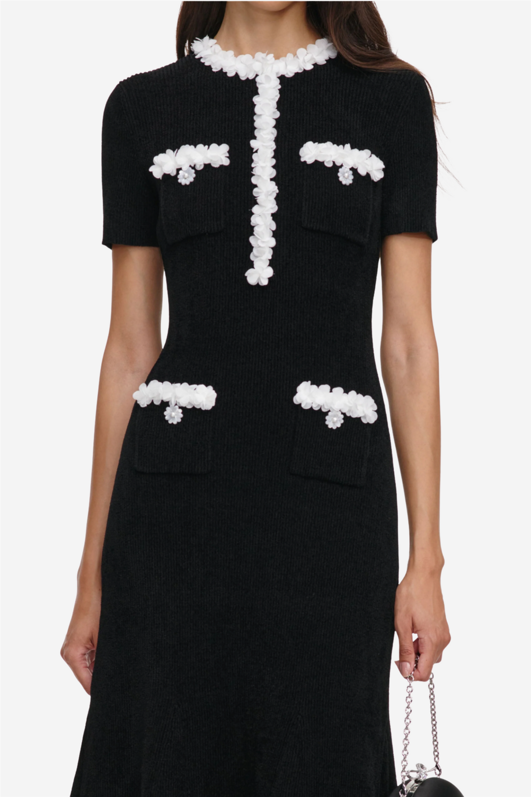 Chenille Knit Flower Trim Midi Dress Black