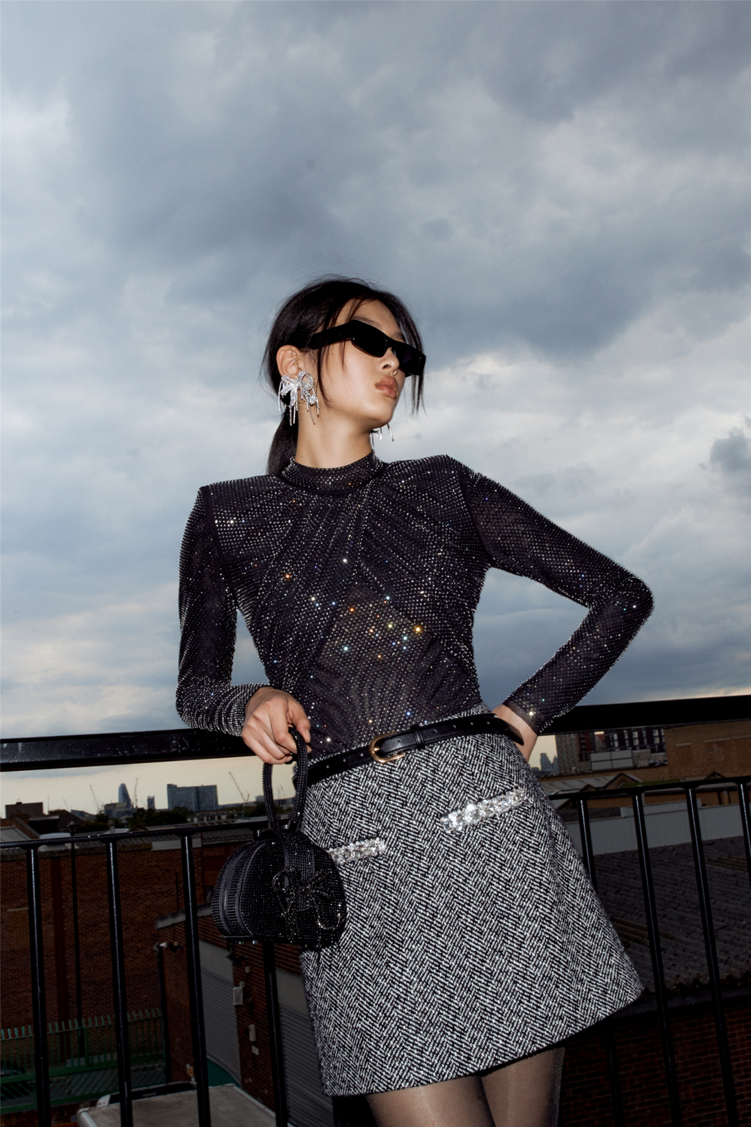 Black Herringbone Mini Skirt