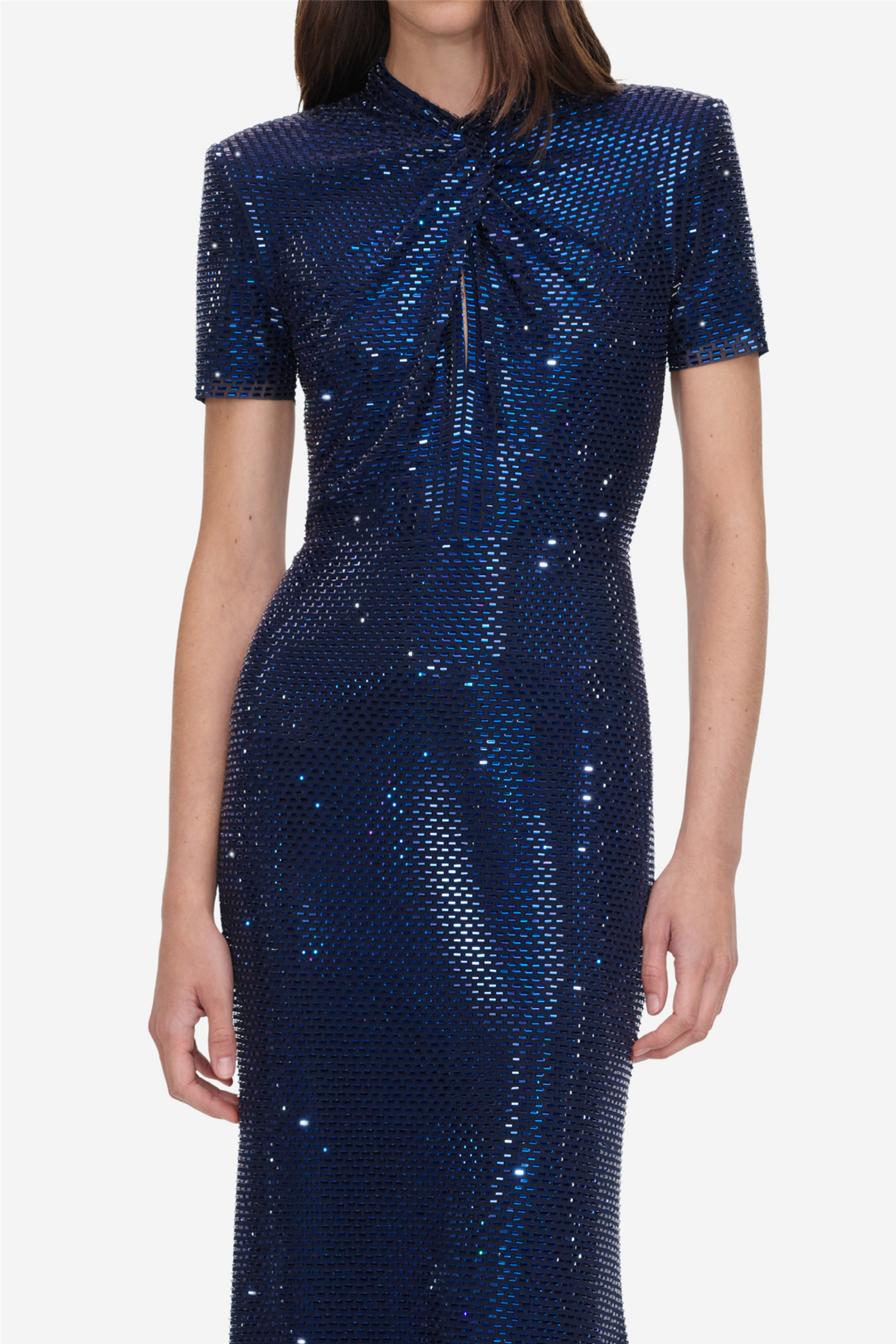 Rhinestone Mesh Twist Maxi Dress Navy