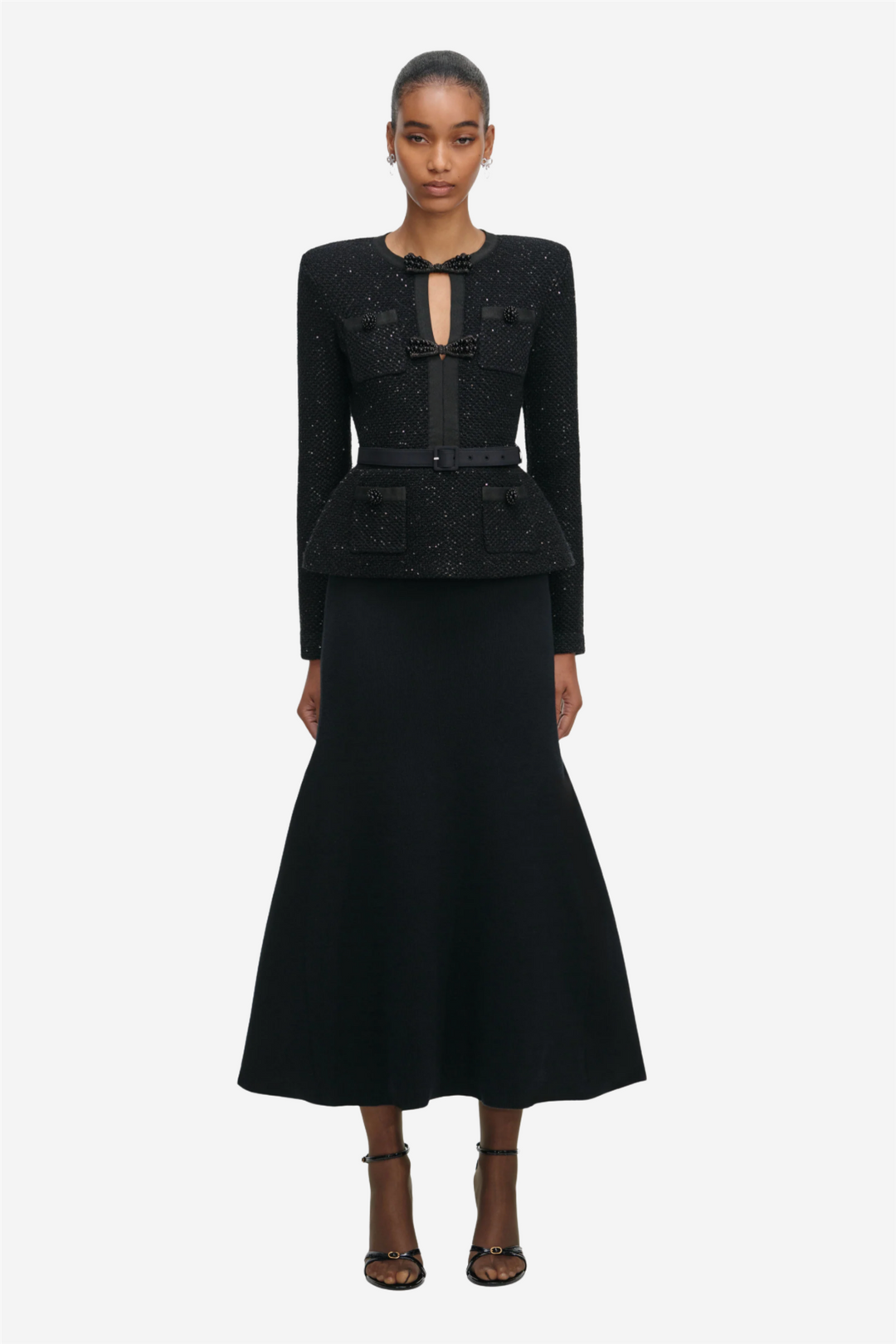 Black Sequin Knit Tailored Midi Dress