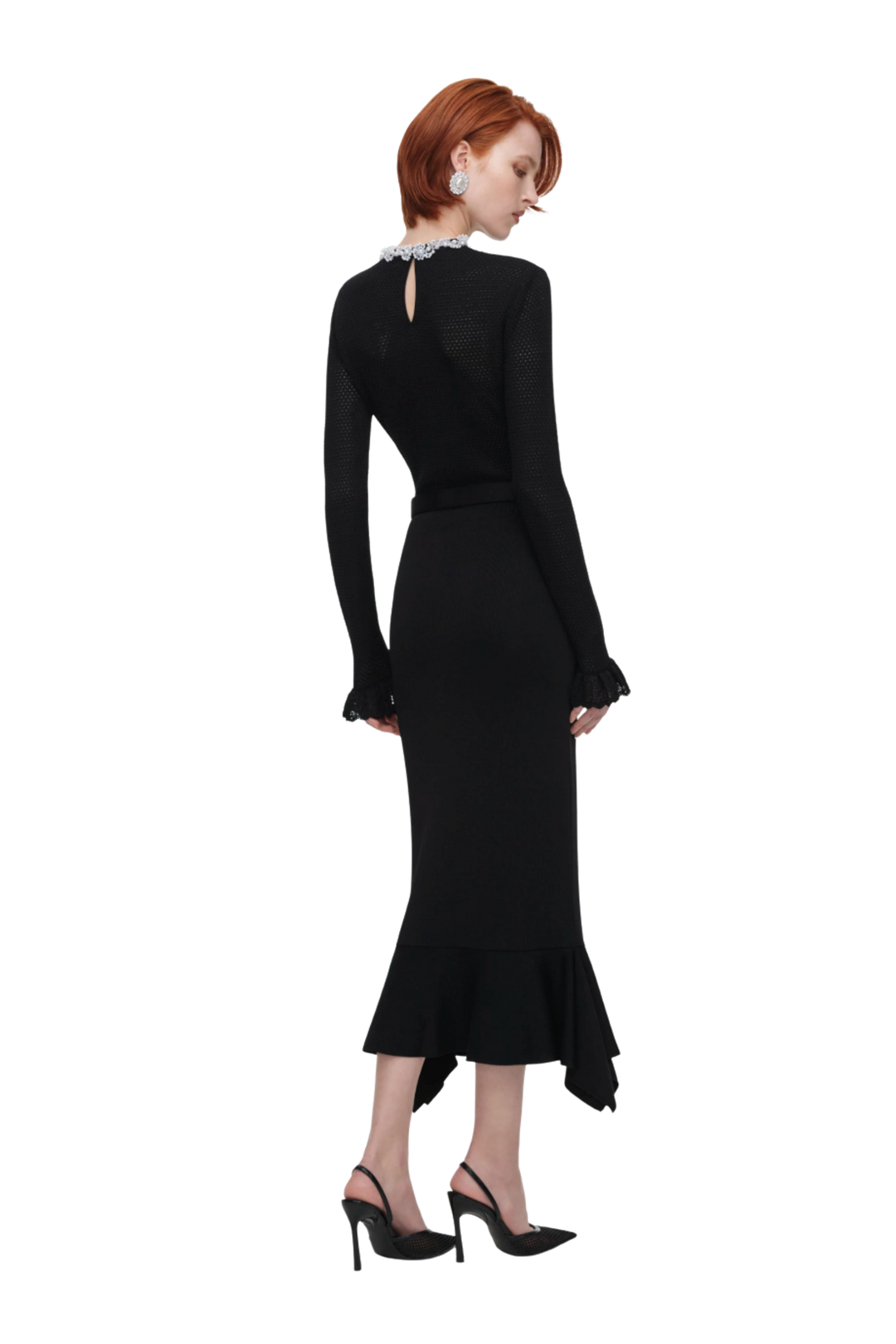 Pearl Trim Knit Midi Dress Black