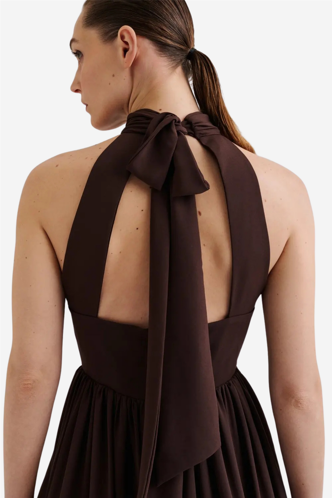 Fern Halterneck Ruffled Mini Dress Chocolate
