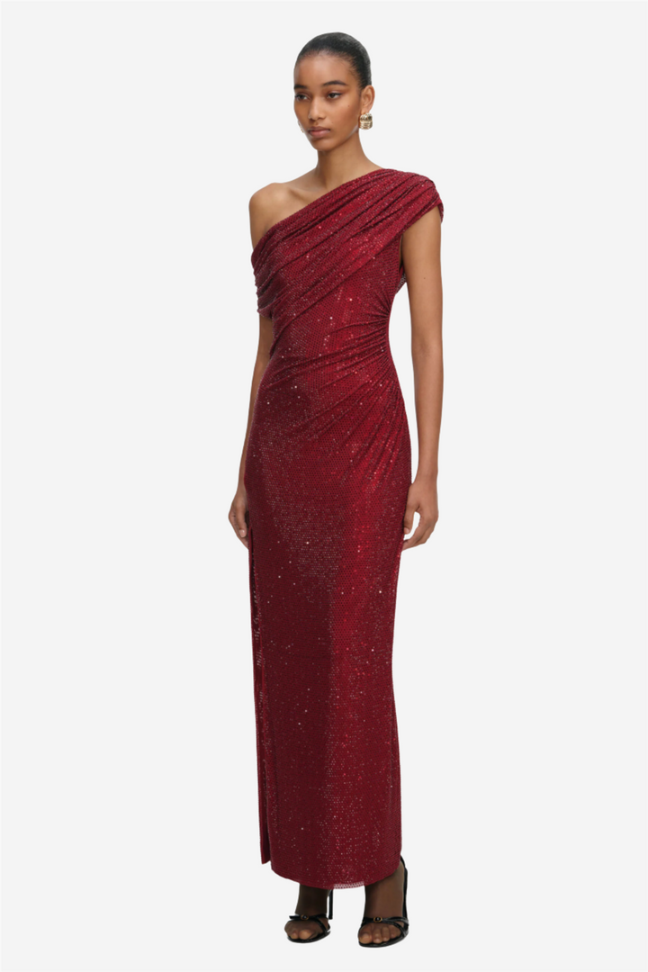 Burgundy Rhinestone Drape Midi Dress