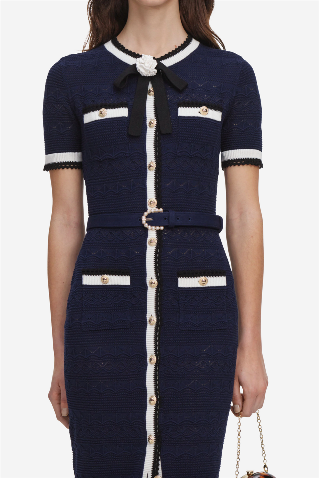 Pointelle Knit Midi Dress Navy