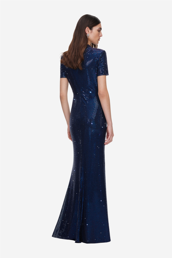 Rhinestone Mesh Twist Maxi Dress Navy
