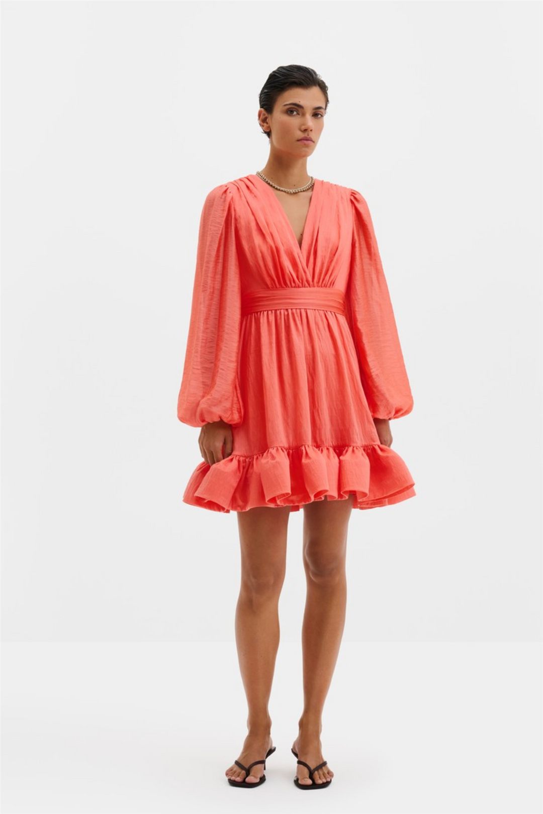 Jadie V-Neck Ruffled Mini Dress Coral