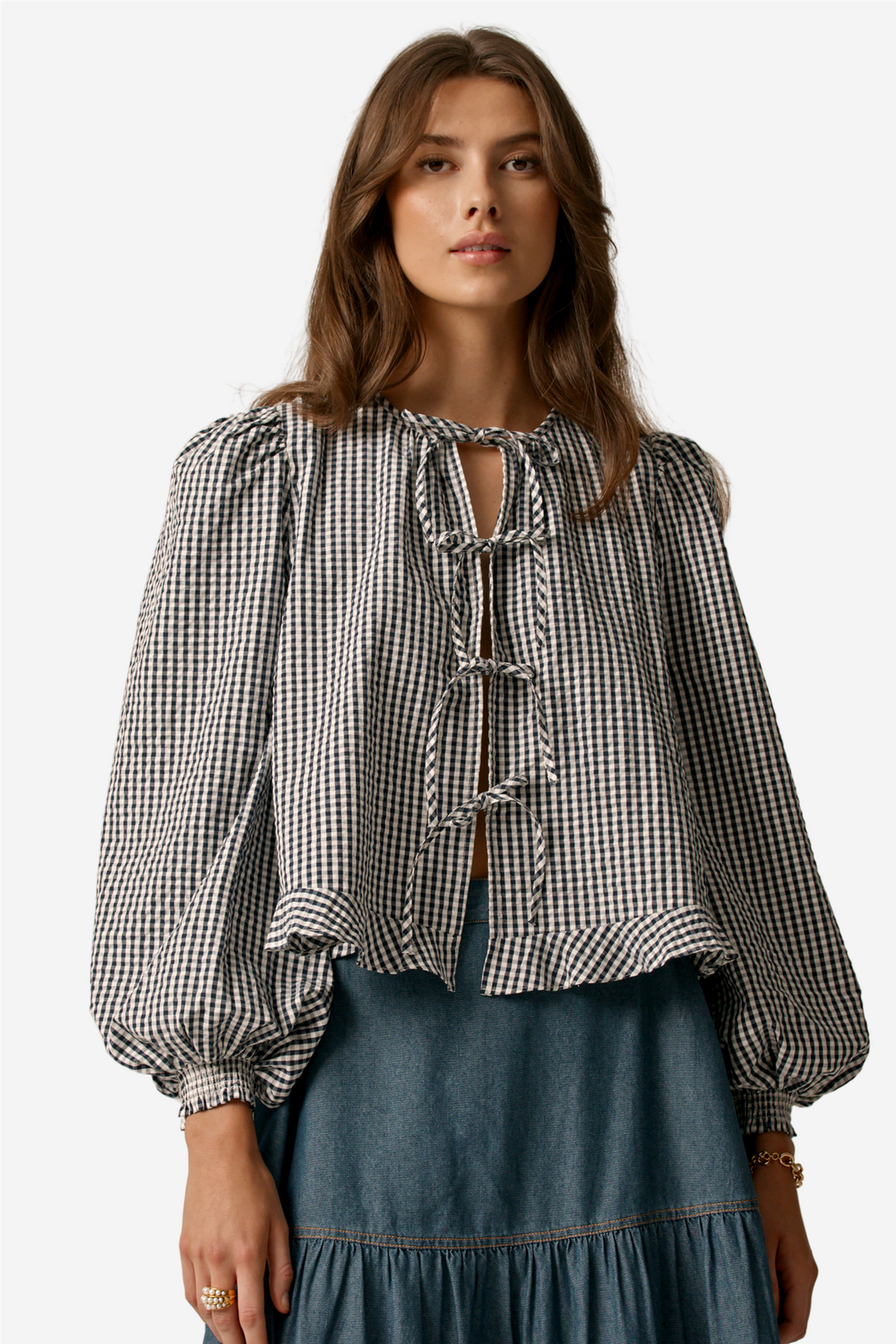 Viewersucker Bow Bloouse Navy Checks