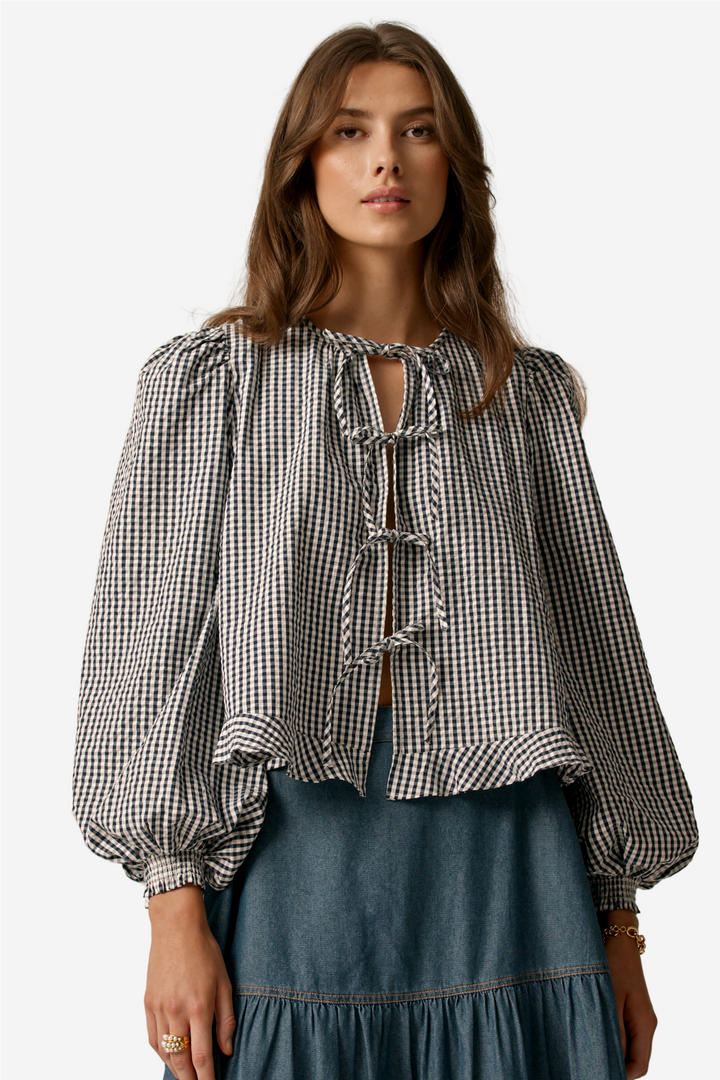 Viewersucker Bow Bloouse Navy Checks