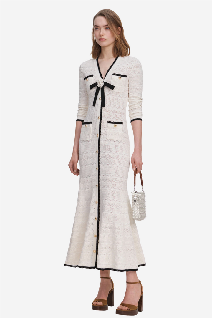 Pointelle Knit Long Cardigan White