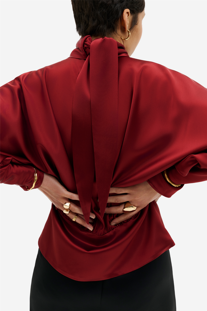 Vilja High-Neck Satin Blouse Ruby