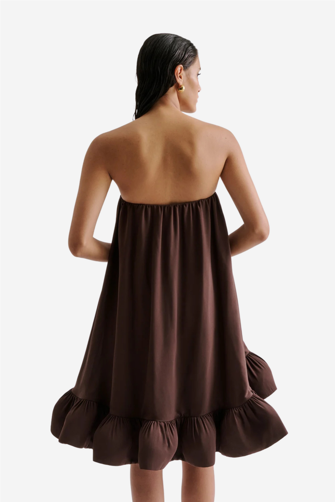 Mikala Strapless Ruffled Mini Dress Chocolate