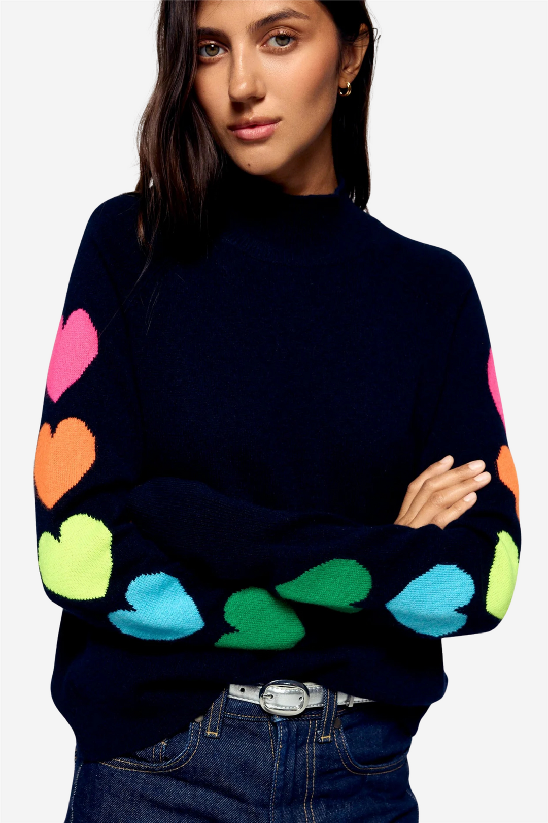 Mock Neck Sweater Multicolored Hearts