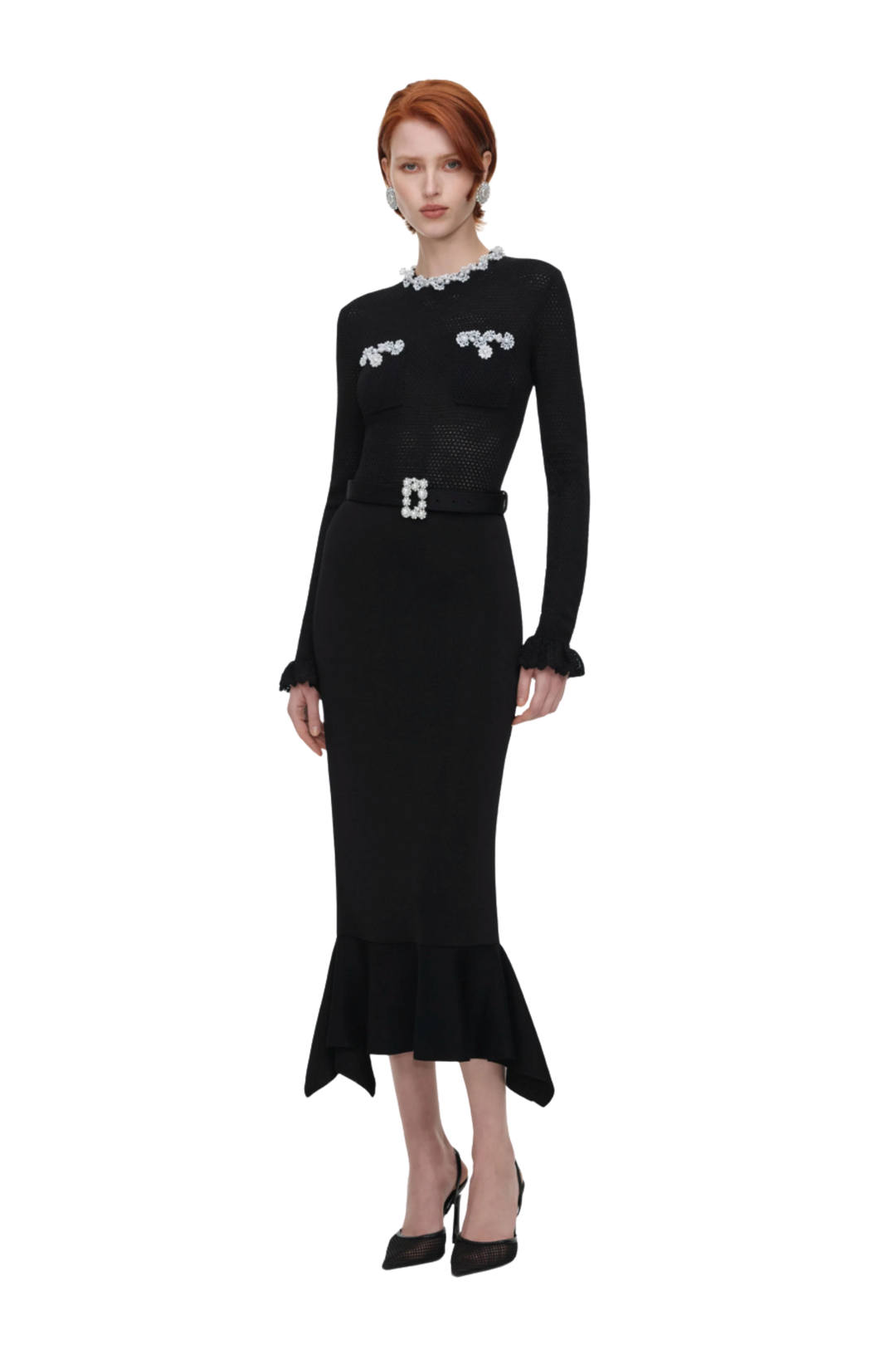 Pearl Trim Knit Midi Dress Black