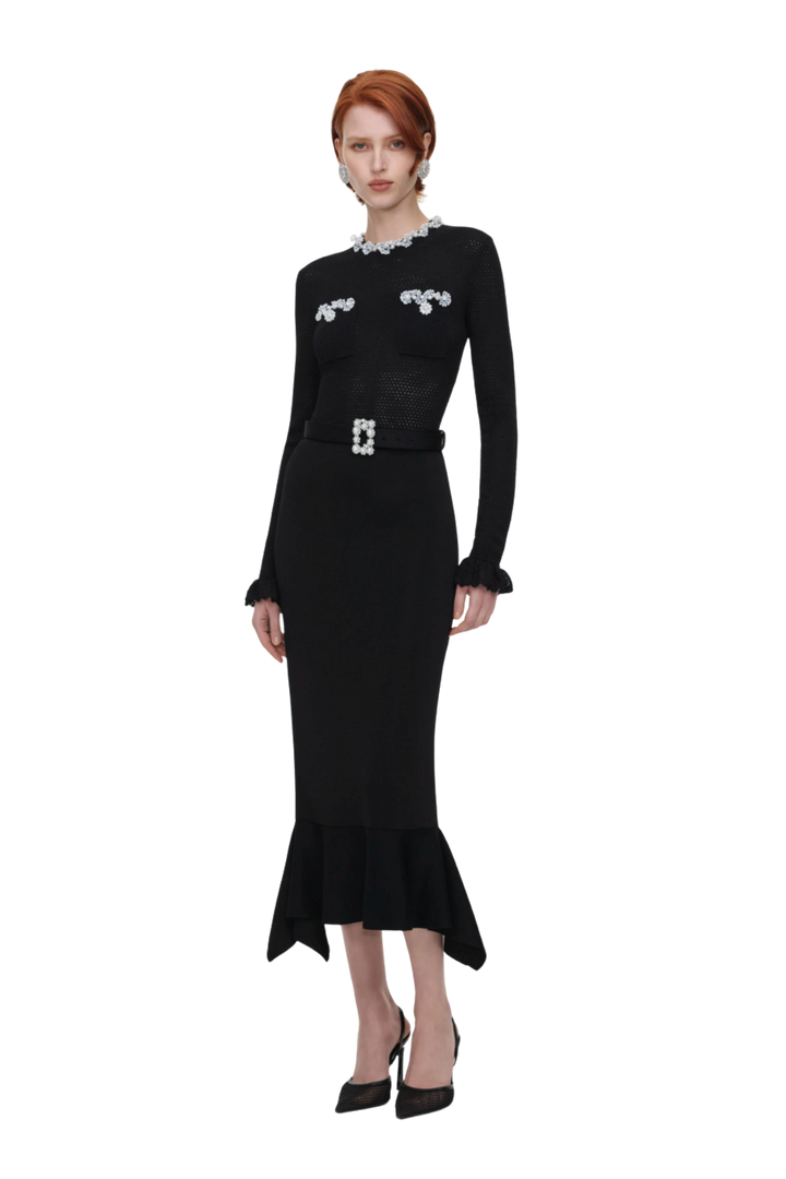 Pearl Trim Knit Midi Dress Black