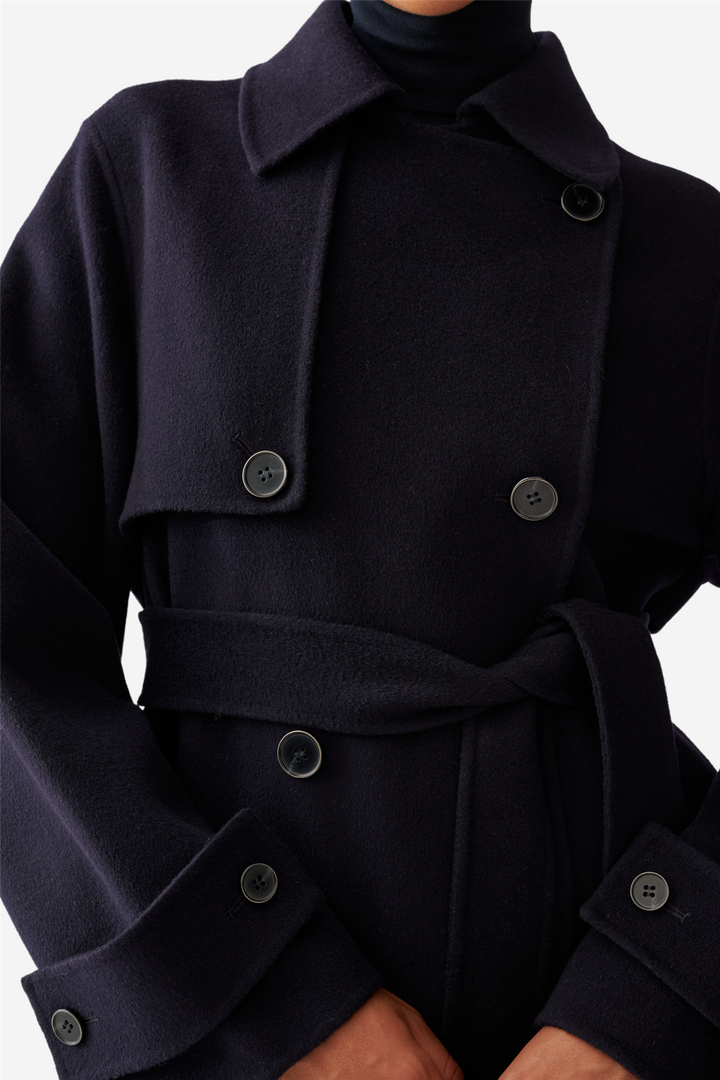 Double Faced Wool Long Trench Dark Navy