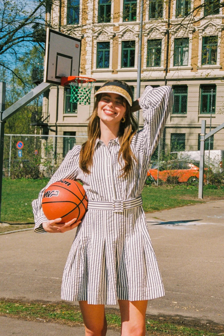 Seersucker Pleated Dress Marine Stripe