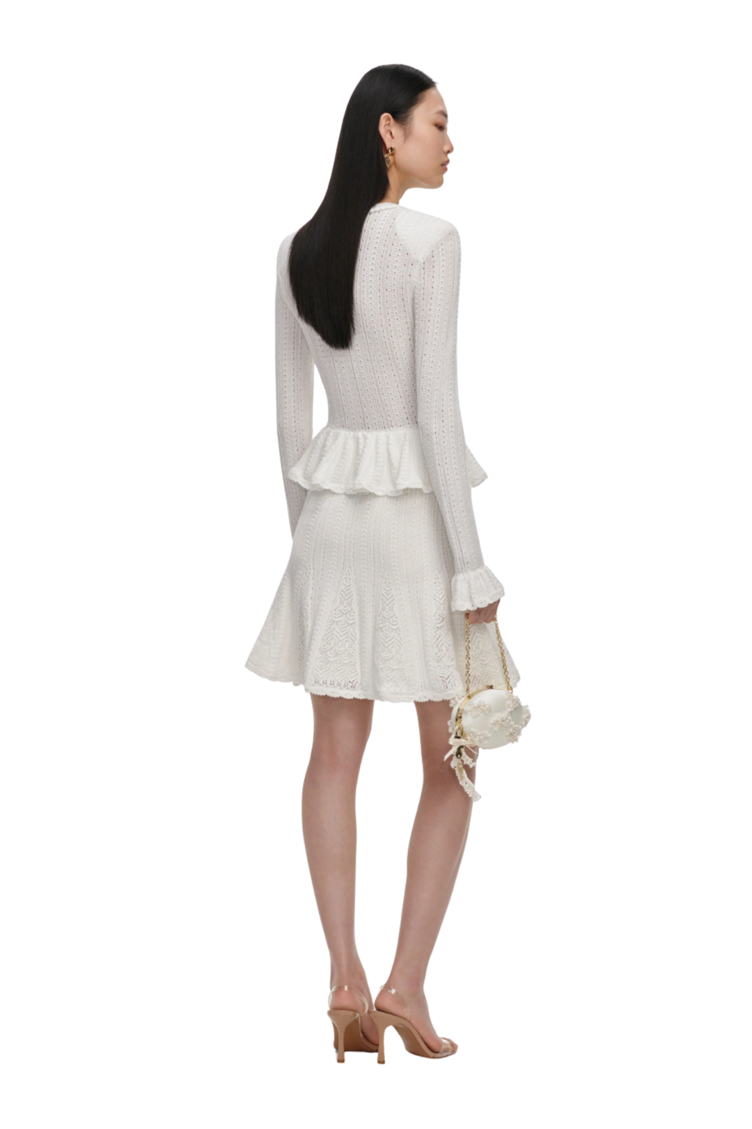 Pointelle Peplum Knit Mini Dress White