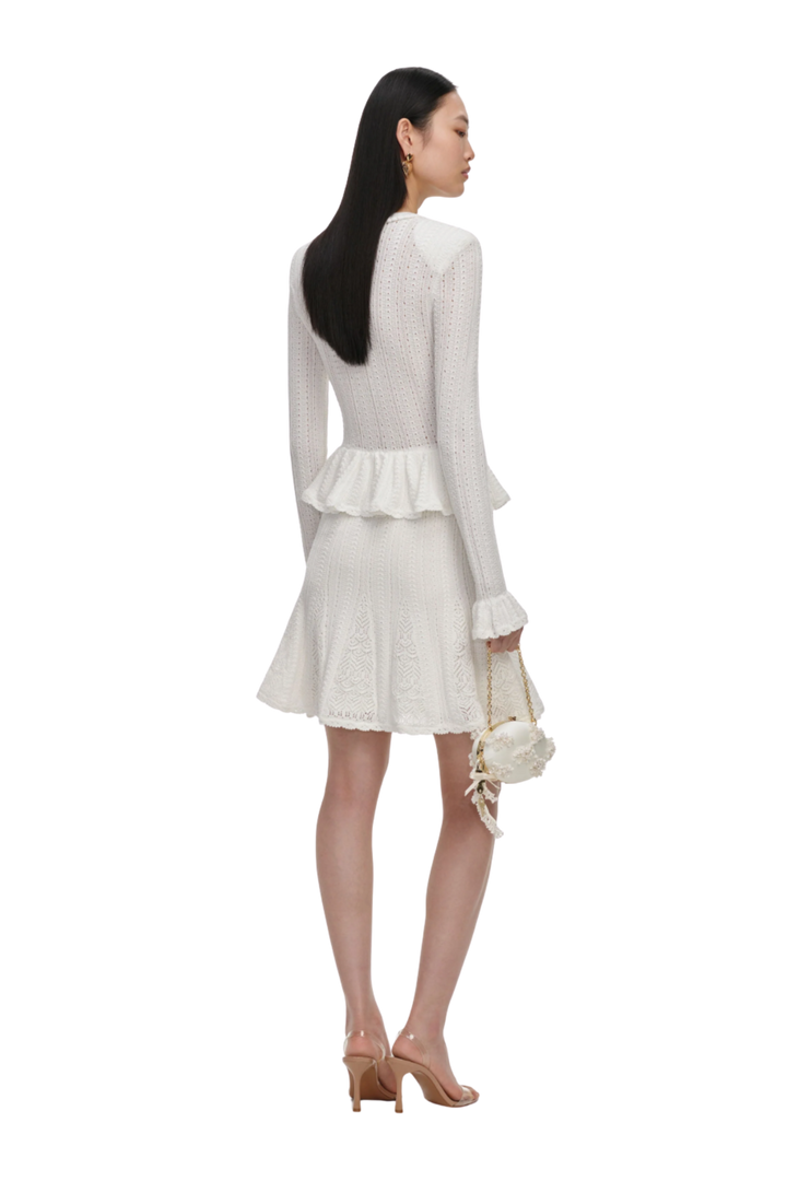 Pointelle Peplum Knit Mini Dress White