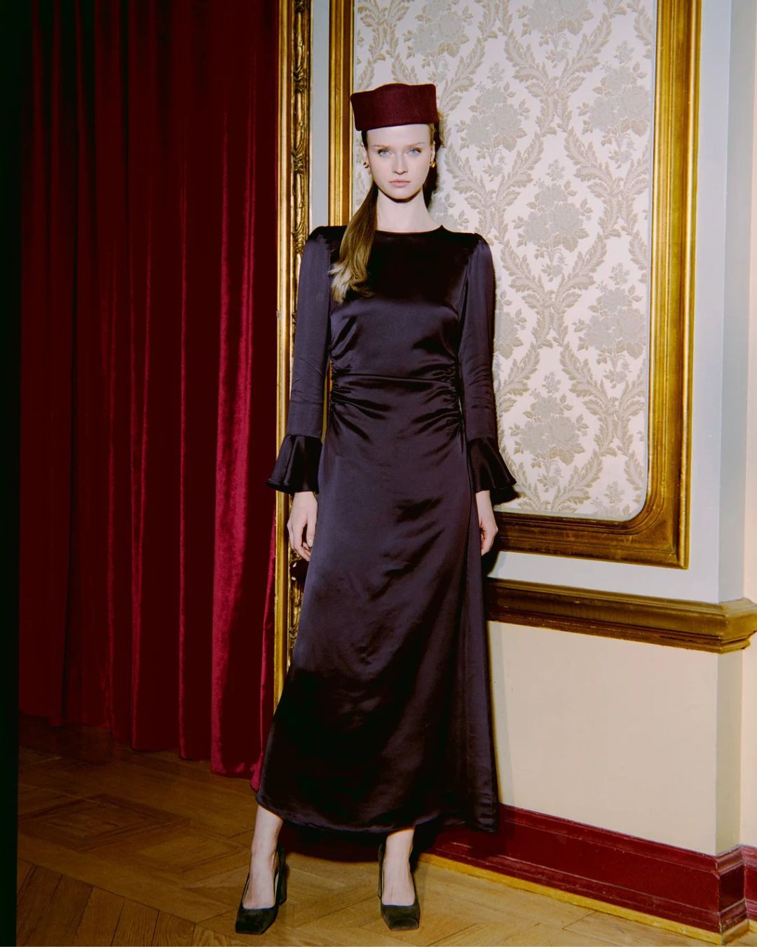 Satin Rouching Dress Burgundy