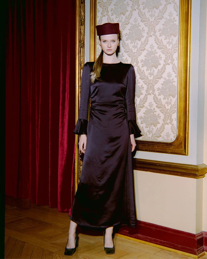 Satin Rouching Dress Burgundy