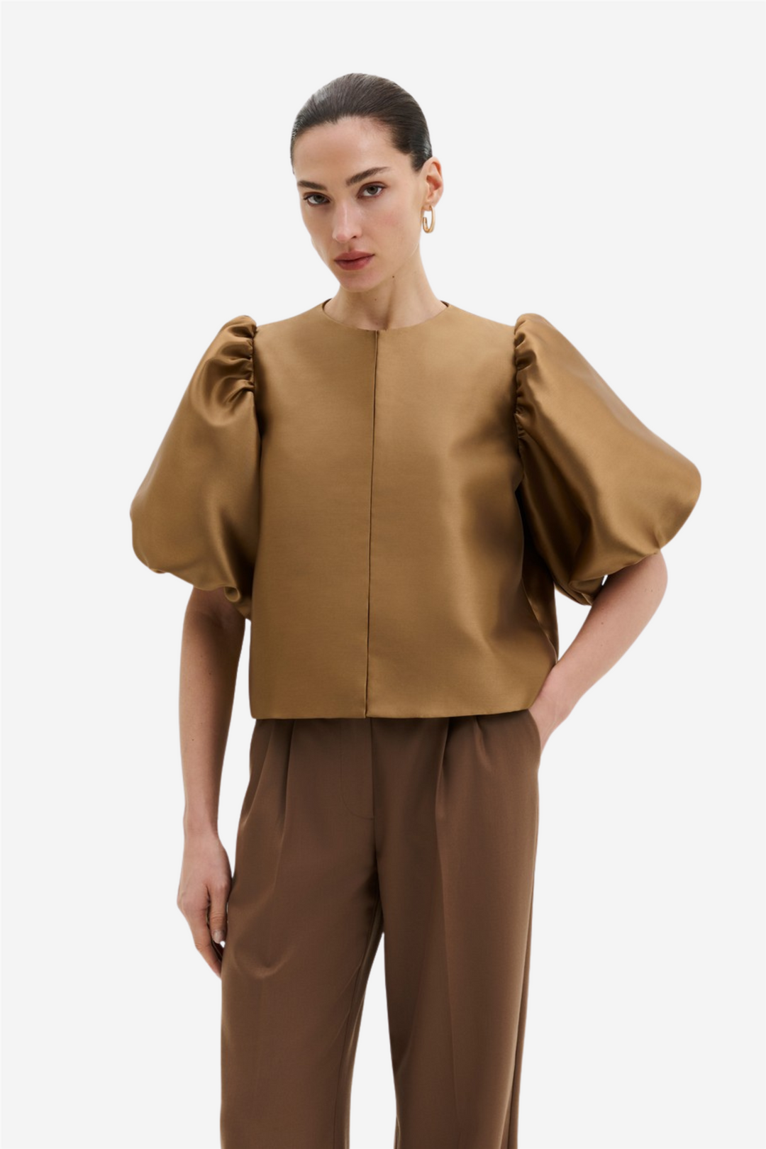 Cleo Puff-Sleeve Satin Blouse Camel