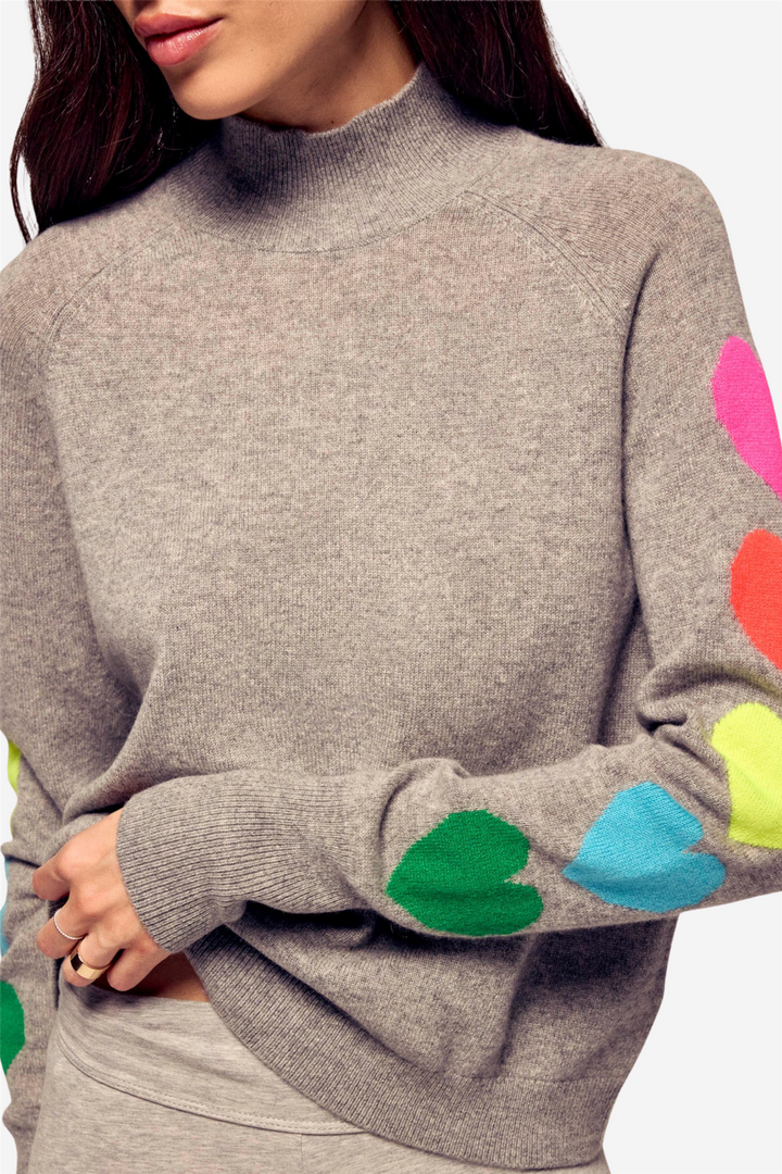 Mock Neck Sweater Multicolored Hearts Dark Heather Gray