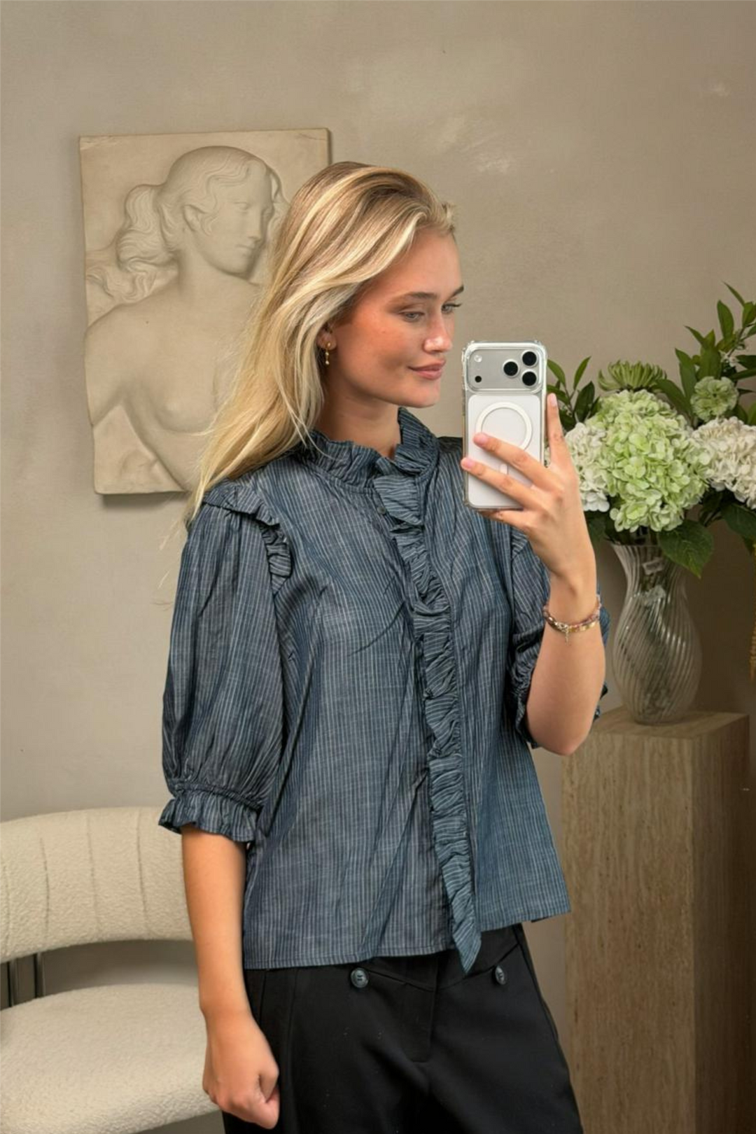 Chacha Chambray Stripe Blouse Dark Blue