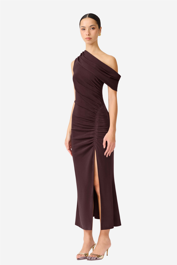 Simone One Shoulder Maxi Dress Chocolate Brown
