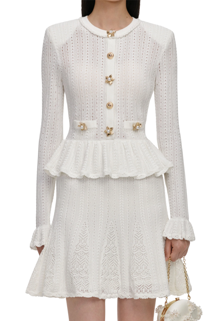 Pointelle Peplum Knit Mini Dress White