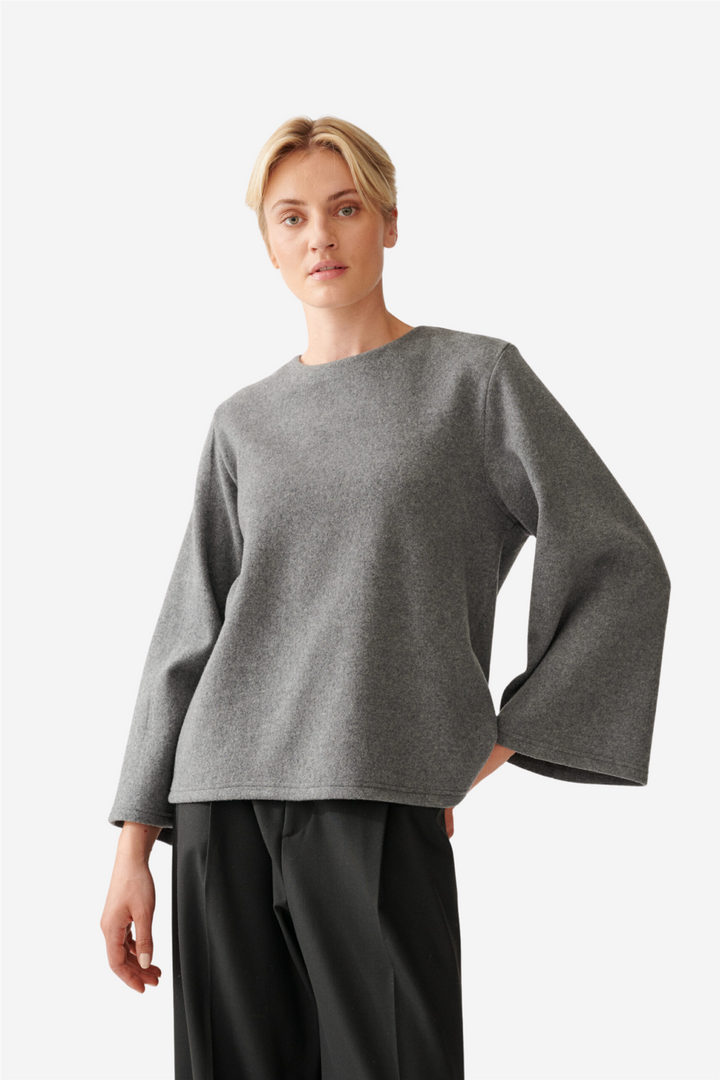 Woven Wide Sleeve Top Grey Melange