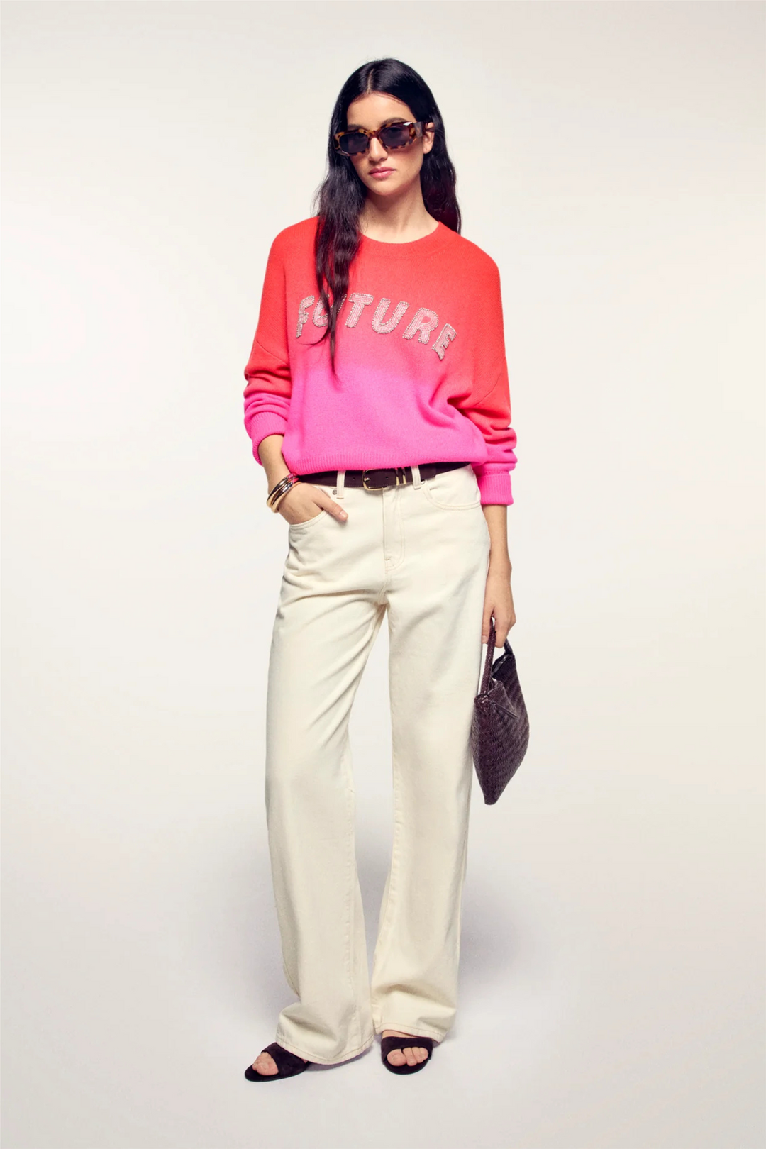 Pearl Embroidered Crewneck Sweater Fire Orange