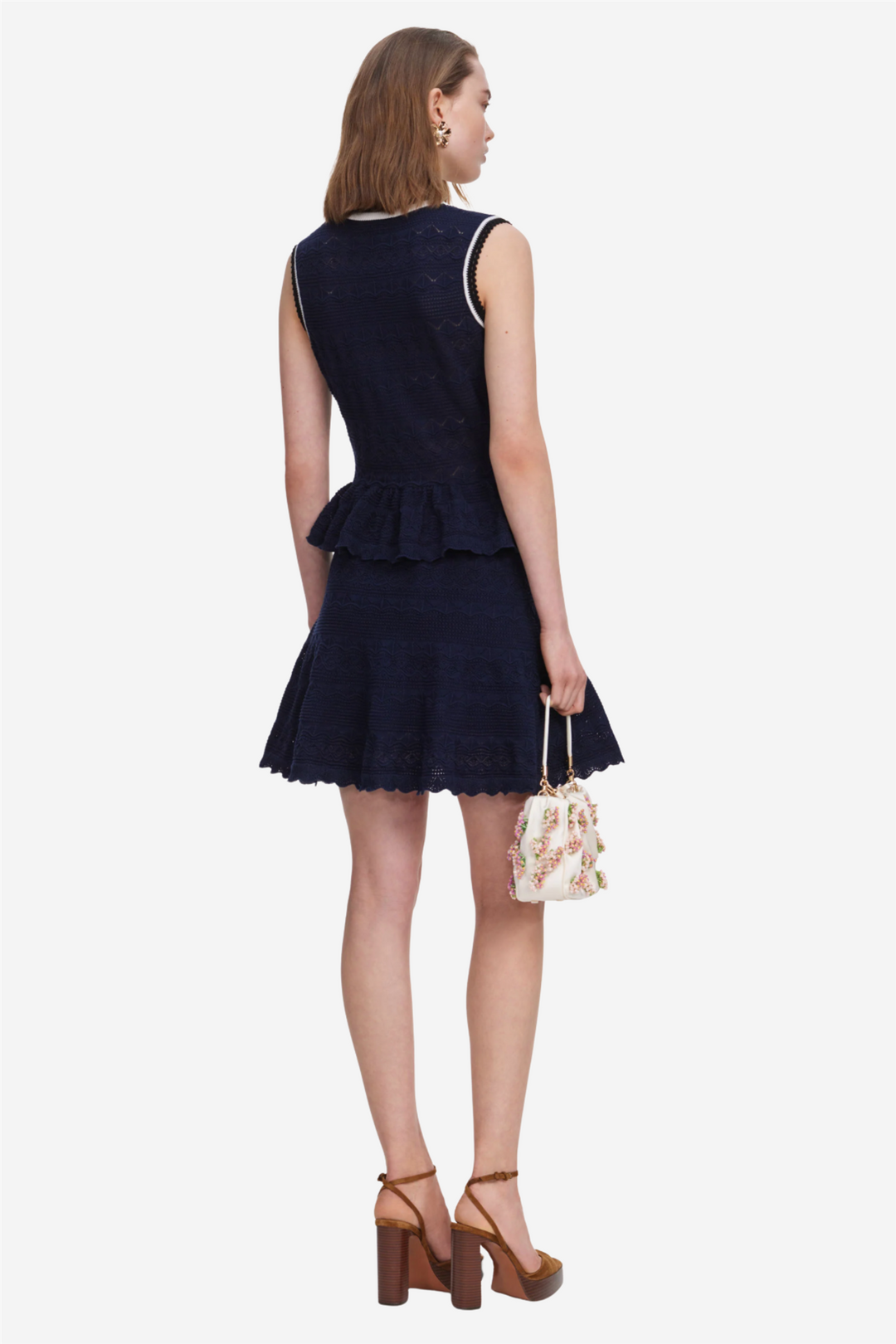 Peplum Pointelle Knit Mini Dress Navy