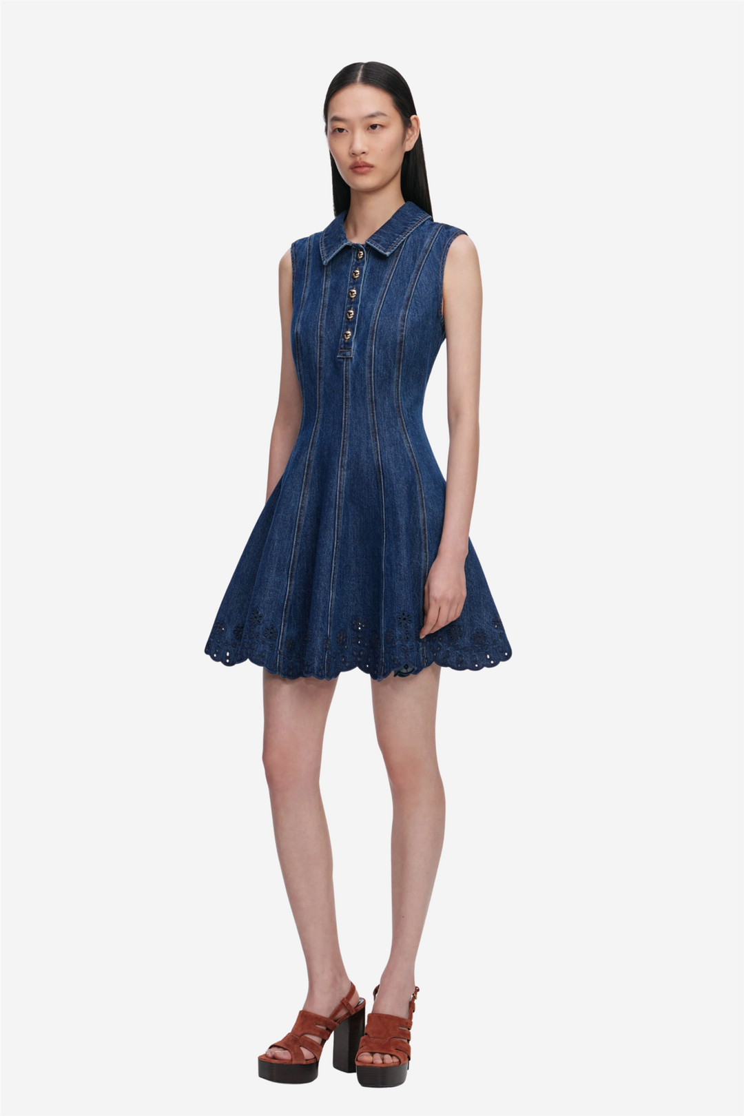 Denim Broderie Mini Dress Blue
