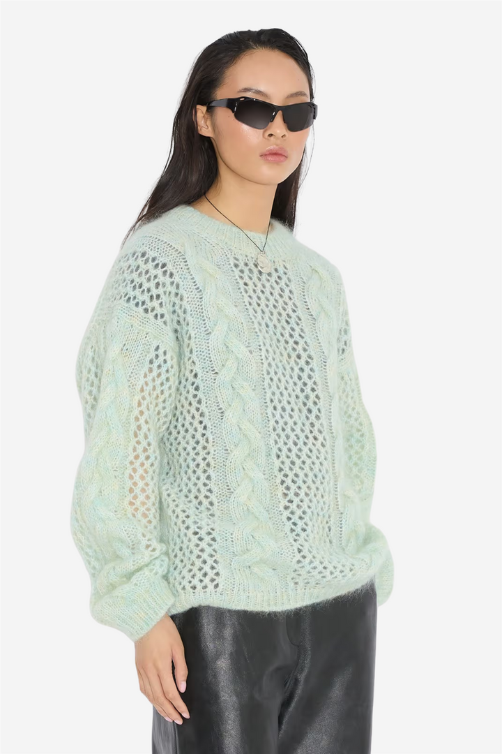 Mohair Cable Knit Crew Green Mix