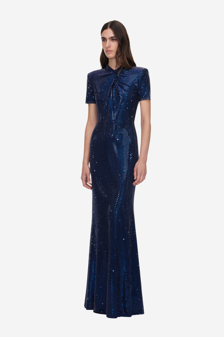 Rhinestone Mesh Twist Maxi Dress Navy