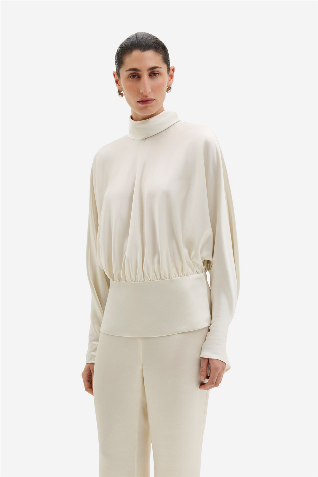 Vilja High-Neck Satin Blouse Pearl