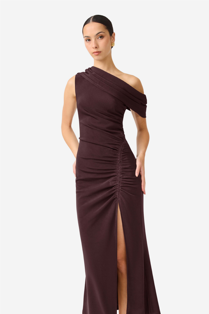 Simone One Shoulder Maxi Dress Chocolate Brown
