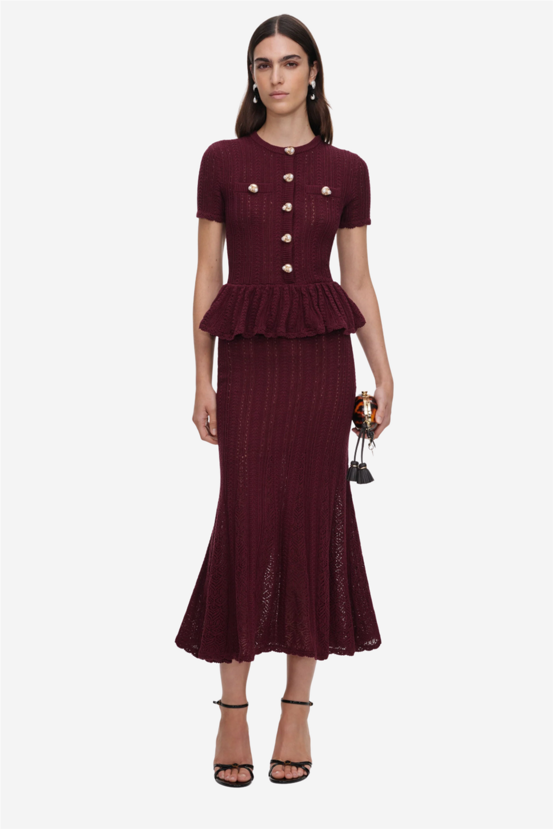 Pointelle Peplum Knit Midi Dress Burgundy