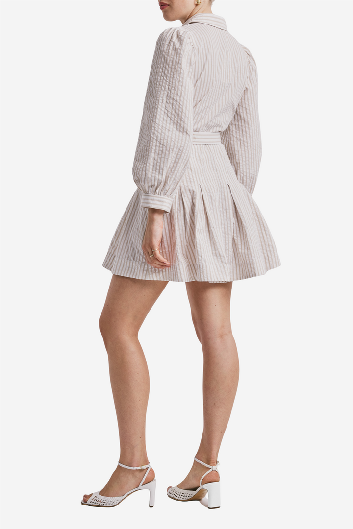 Seersucker Pleated Dress Khaki Stripe