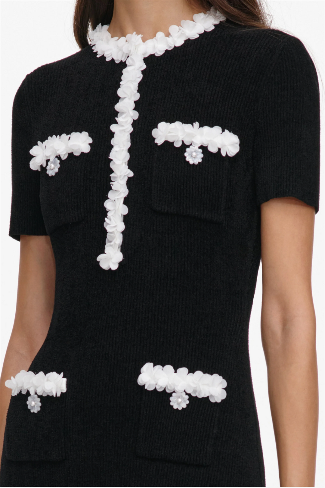 Chenille Knit Flower Trim Midi Dress Black