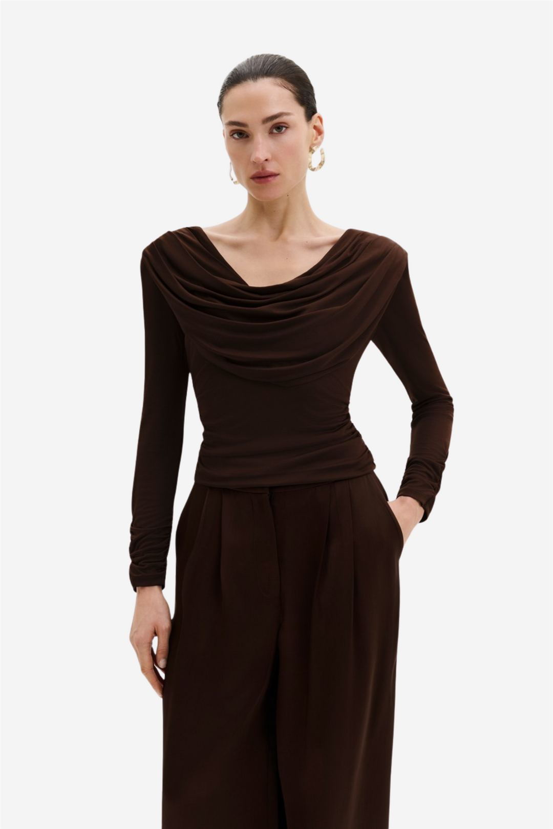 Signe Cowl Neck Jersey Top Dark Brown