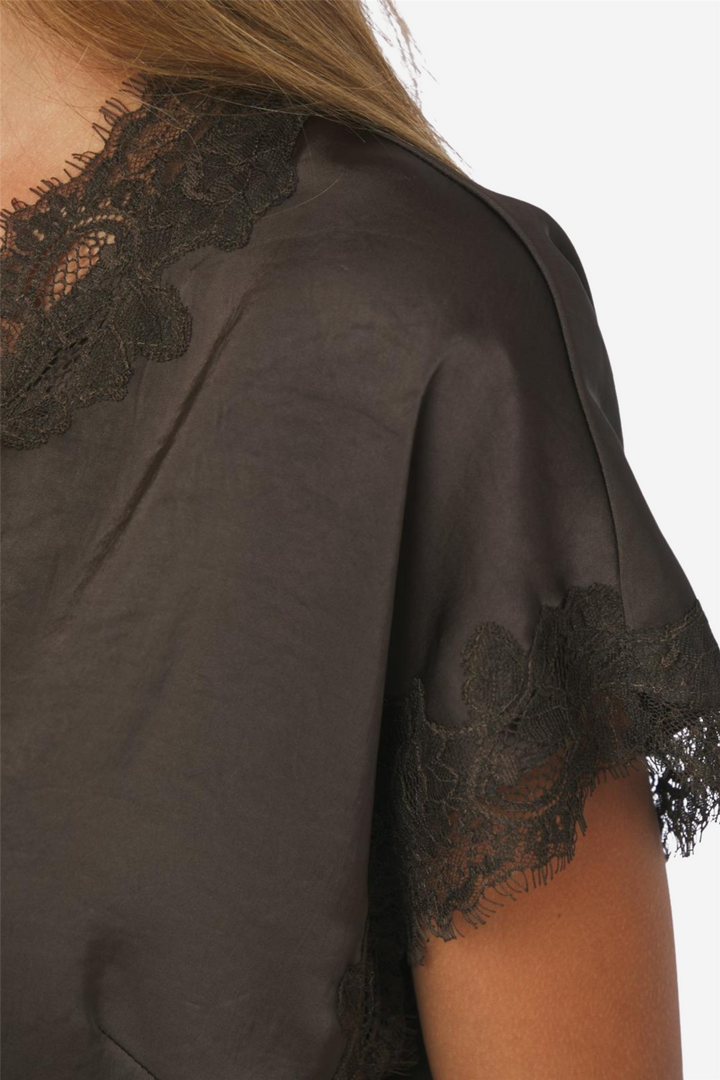 Benera Heavy Sateen Lace Blouse Dark Brown