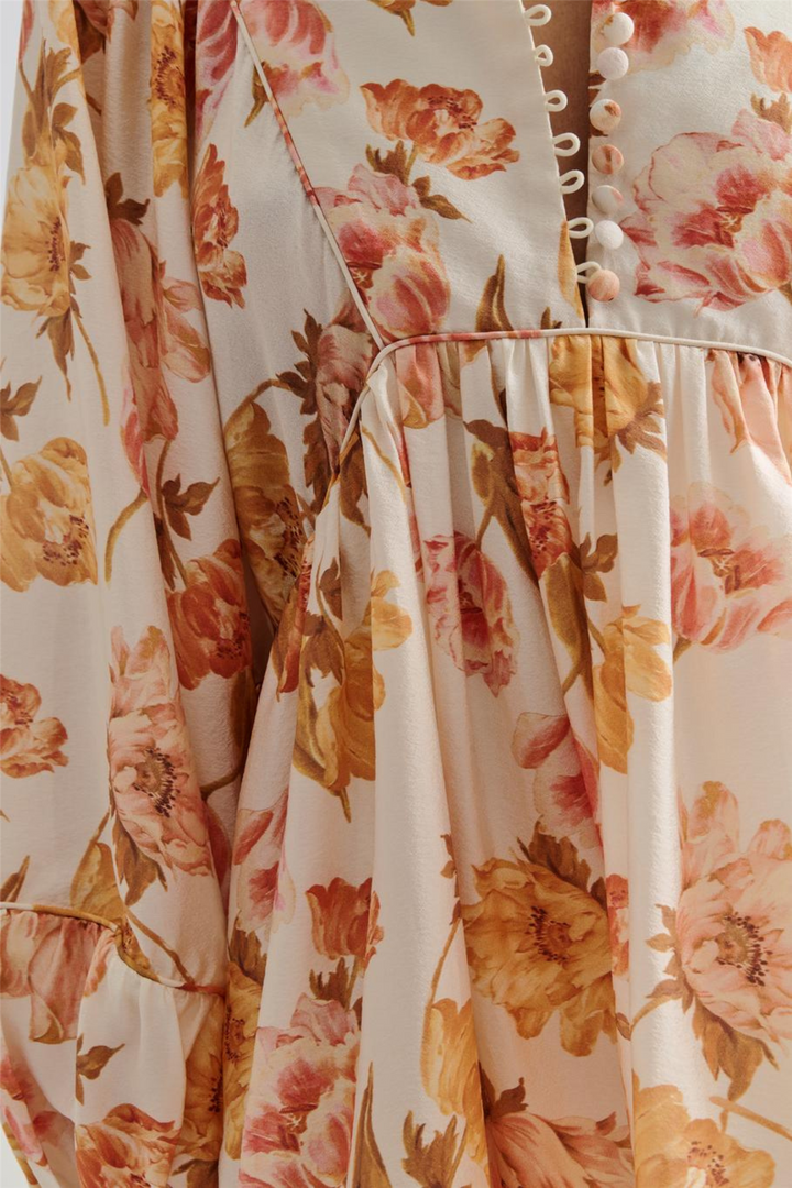 Tyra High Neck Balloon Sleeve Mini Dress Cream Peony