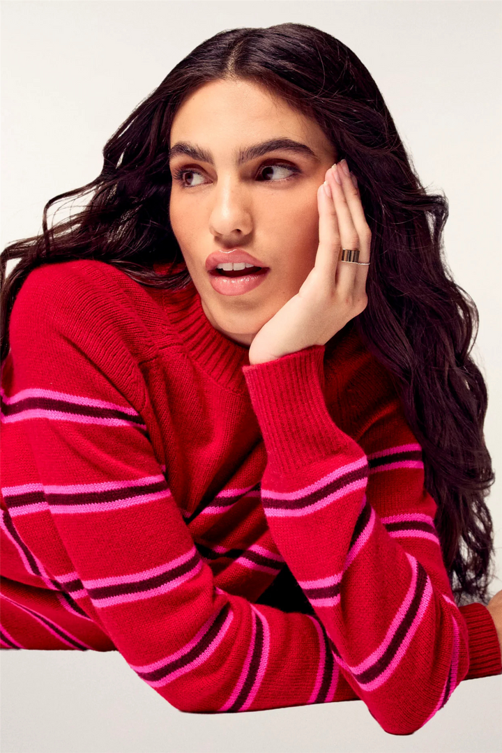 Striped Mock-Neck Sweater Warm Red