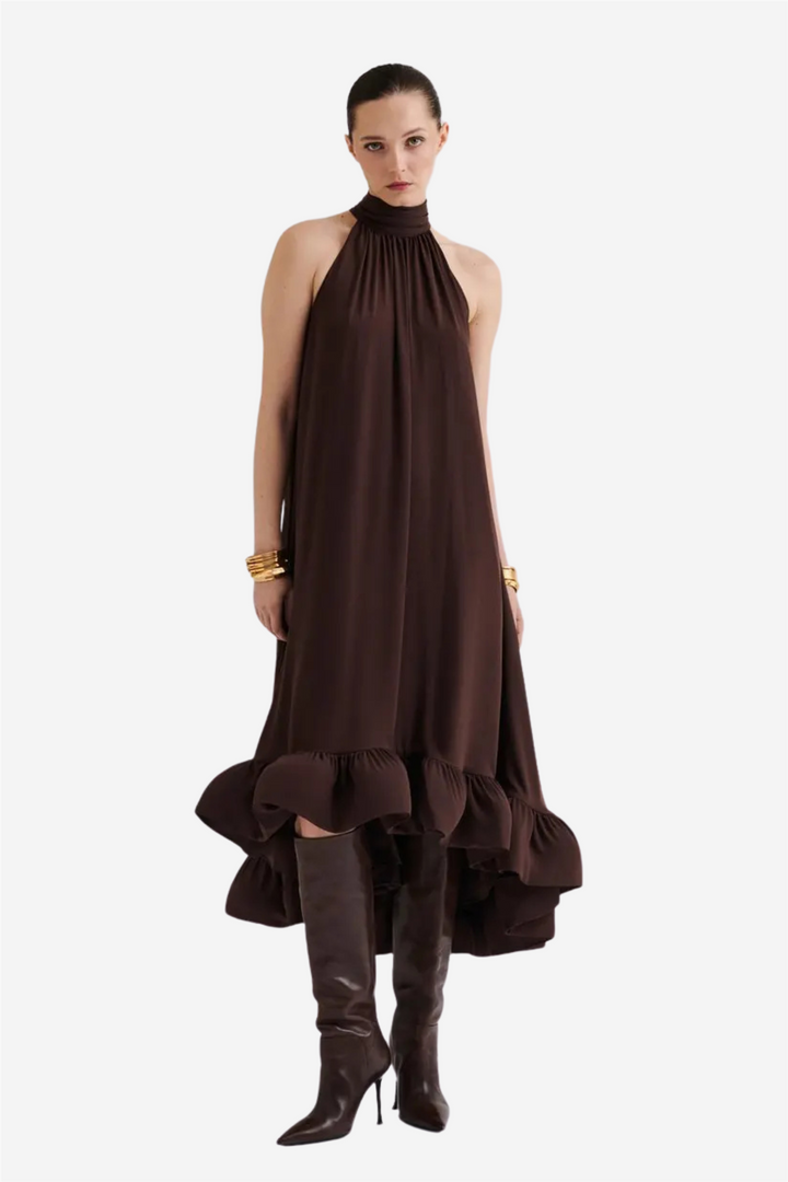 Sabrina Halterneck Ruffled Midi Dress Chocolate