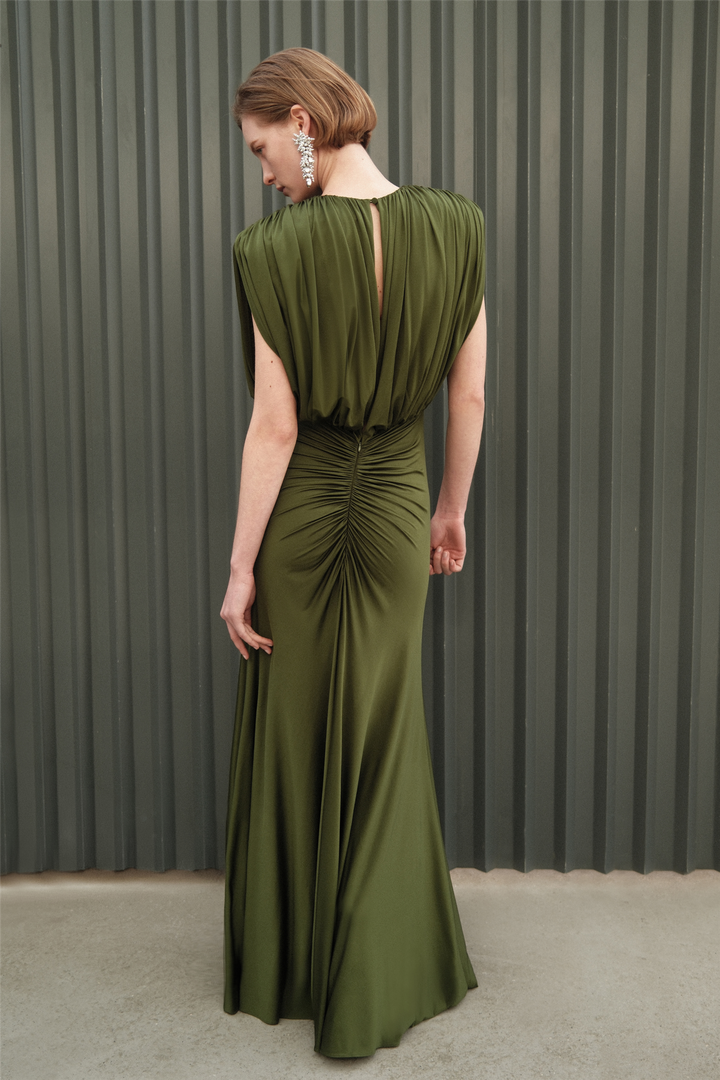 Jersey Gathered Maxi Dress Olive