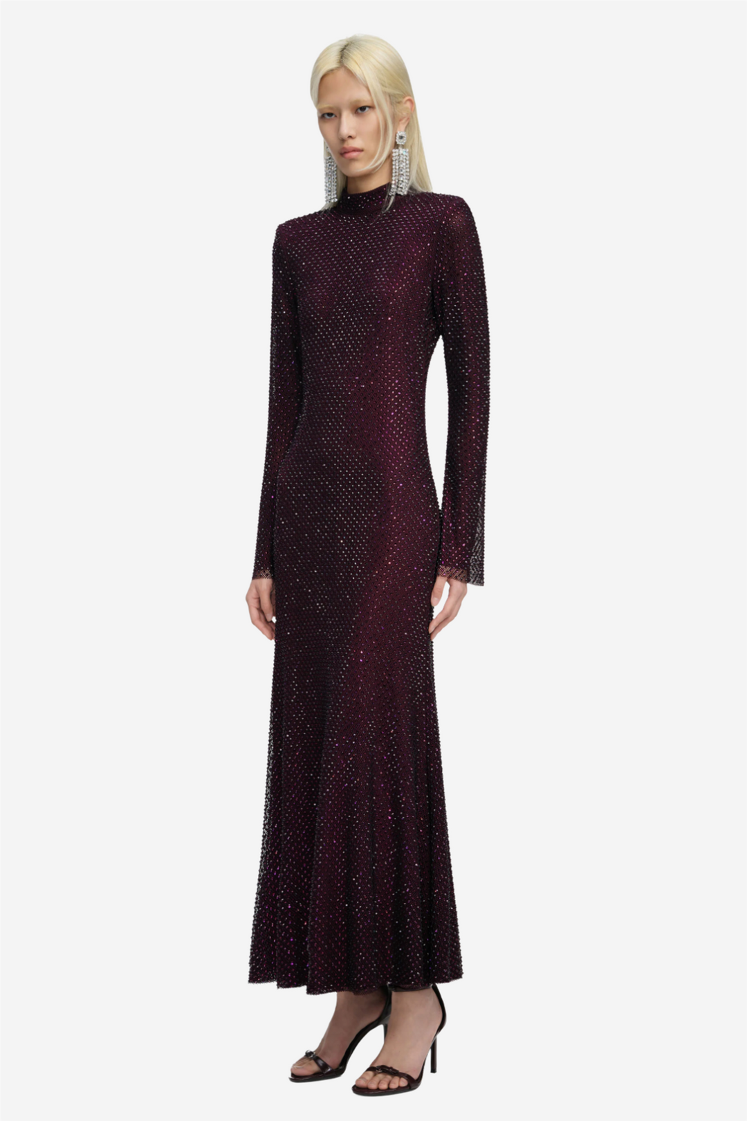 Burgundy Rhinestone Fishnet Midi Dress