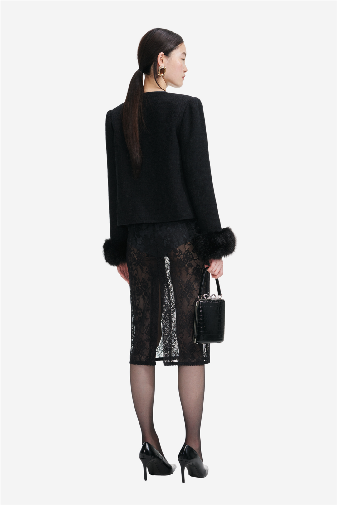 Boucle Fur Cuff Jacket Black
