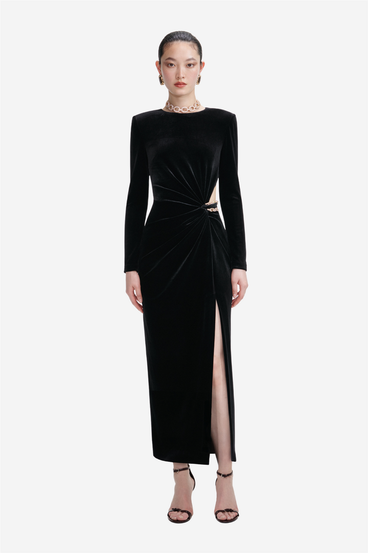 Velvet Embellished Midi Dress Black