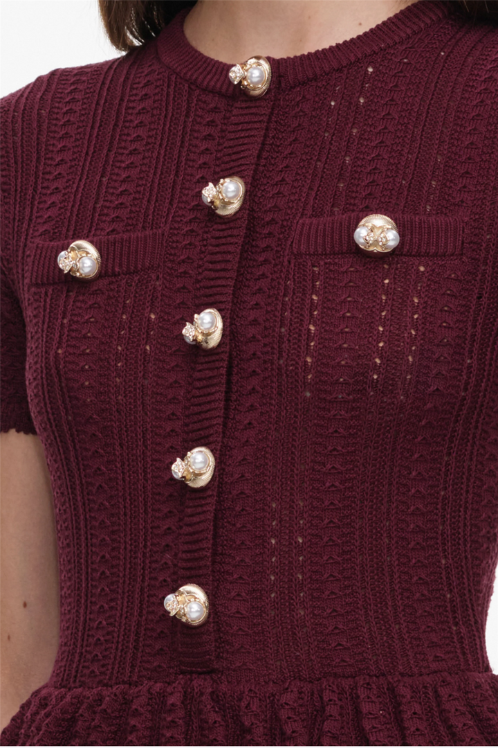 Pointelle Peplum Knit Midi Dress Burgundy